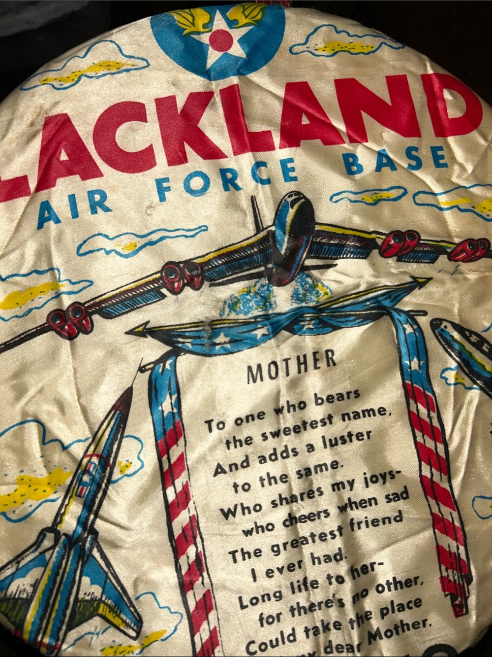 LACKLAND Air Force Base Souvenir Panel - Patriot USAF Fringe Satin “Mother” Poem